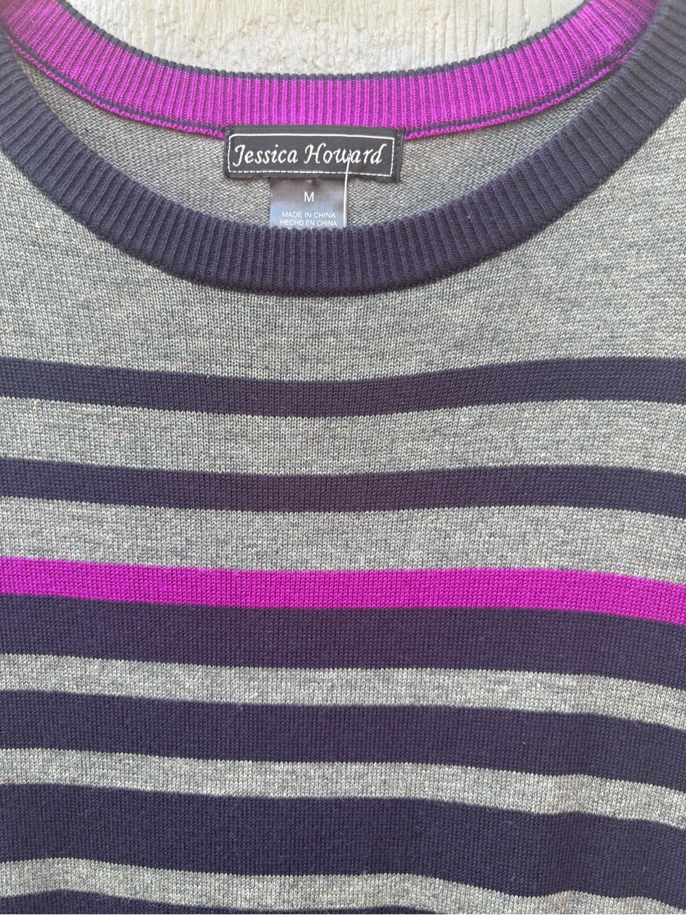 Jessica Howard  Navy Blue, Fuchsia Bright Pink & Gray Striped Knit Sweater Dress - Picture 5 of 12